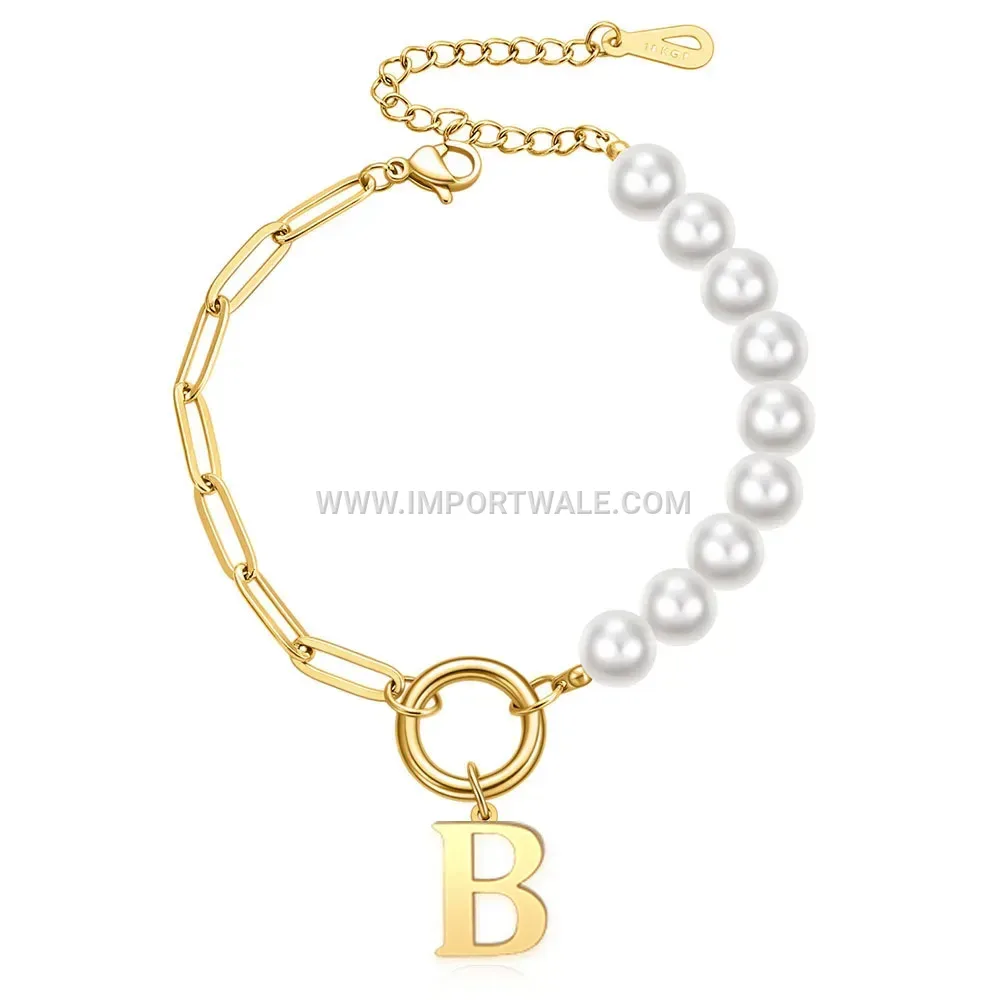 Imitation Pearl and Safety Pin Stainless Steel Initial Charm Bracelet