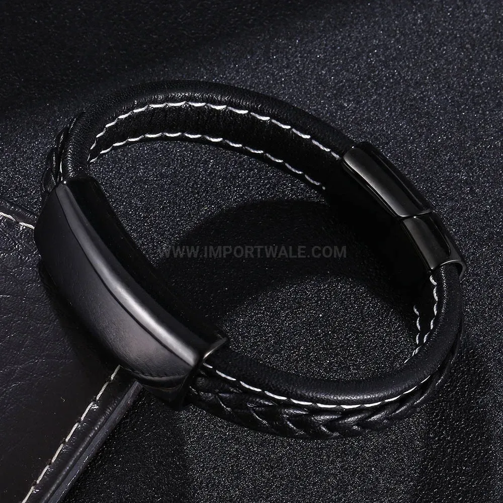 Smooth Leather Wristband with Stainless Steel Interlocking Clasp