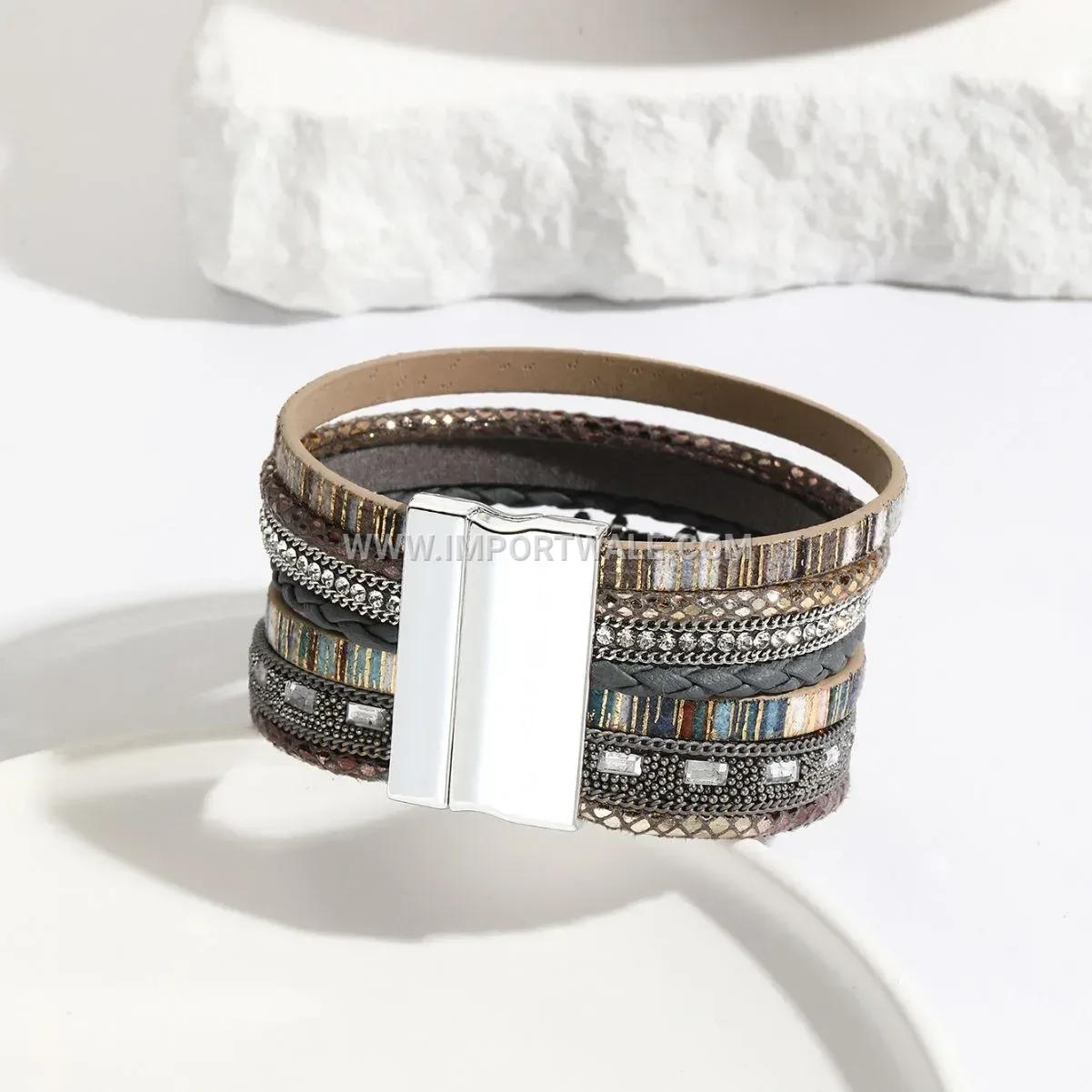 Multi Layer Beaded Faux Leather Bracelet With Magnetic Clasp