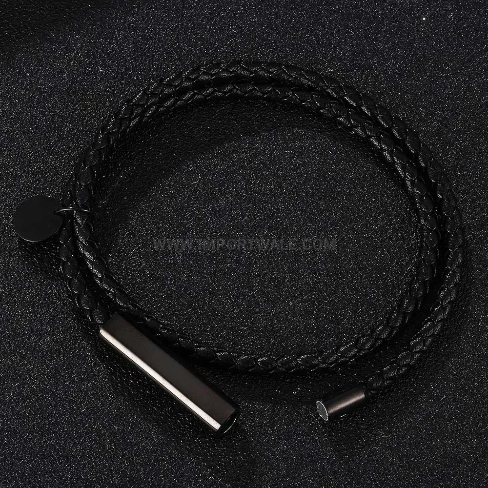Double Strand Leather Stainless Steel Black Magnetic Wrap Bracelet