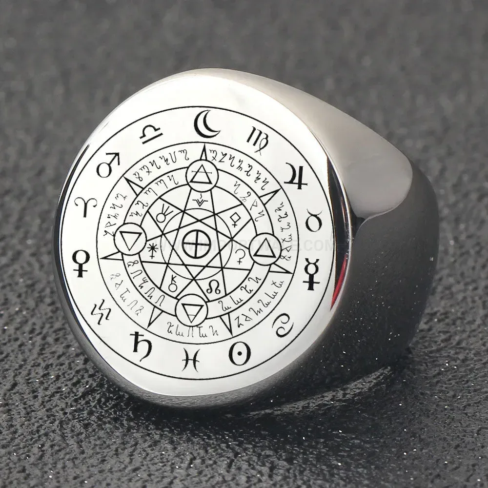 Elegant Engraved Zodiac Round Face Stainless Steel Band Ring