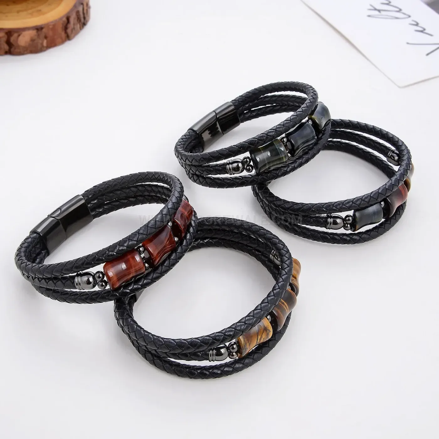 Woven Leather Bracelet featuring Stainless Steel Magnetic Clasp Accent Stone