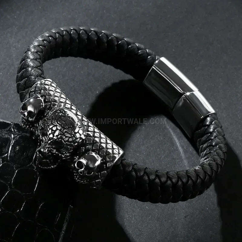 Fashion Bold Stainless Steel Skull Leather Men's Bracelet