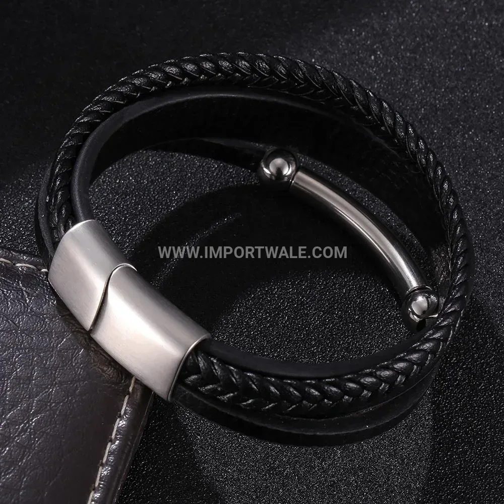 Woven Leather Bracelet with Brushed Steel Magnetic Clasp