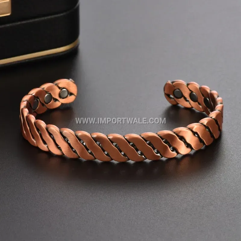 Vintage Pure Red Copper Braided Twist Magnetic Open Cuff Bracelet