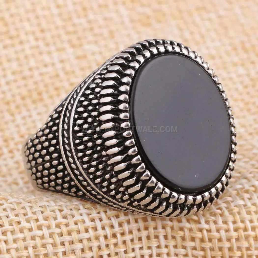Fashion Vintage Textured Stainless Steel Gemstone Band Ring