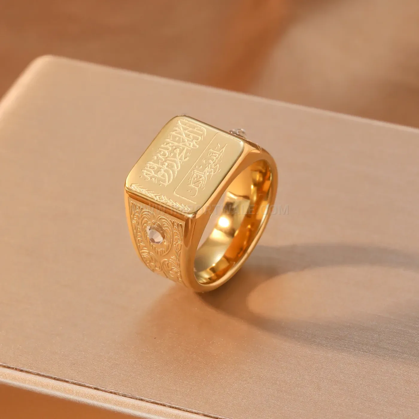 Modern Engraved Arabic Calligraphy Stainless Steel Islamic Crescent Men's Ring