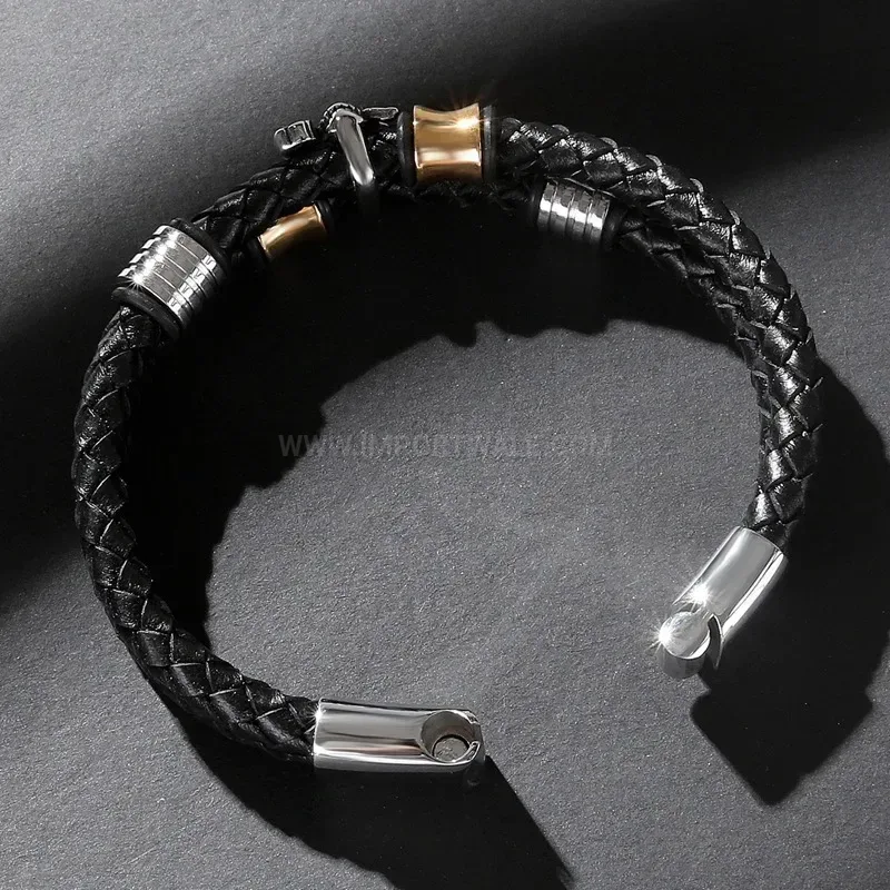 Classic Double Wrap Leather Rose Skull Bracelet in Stainless Steel