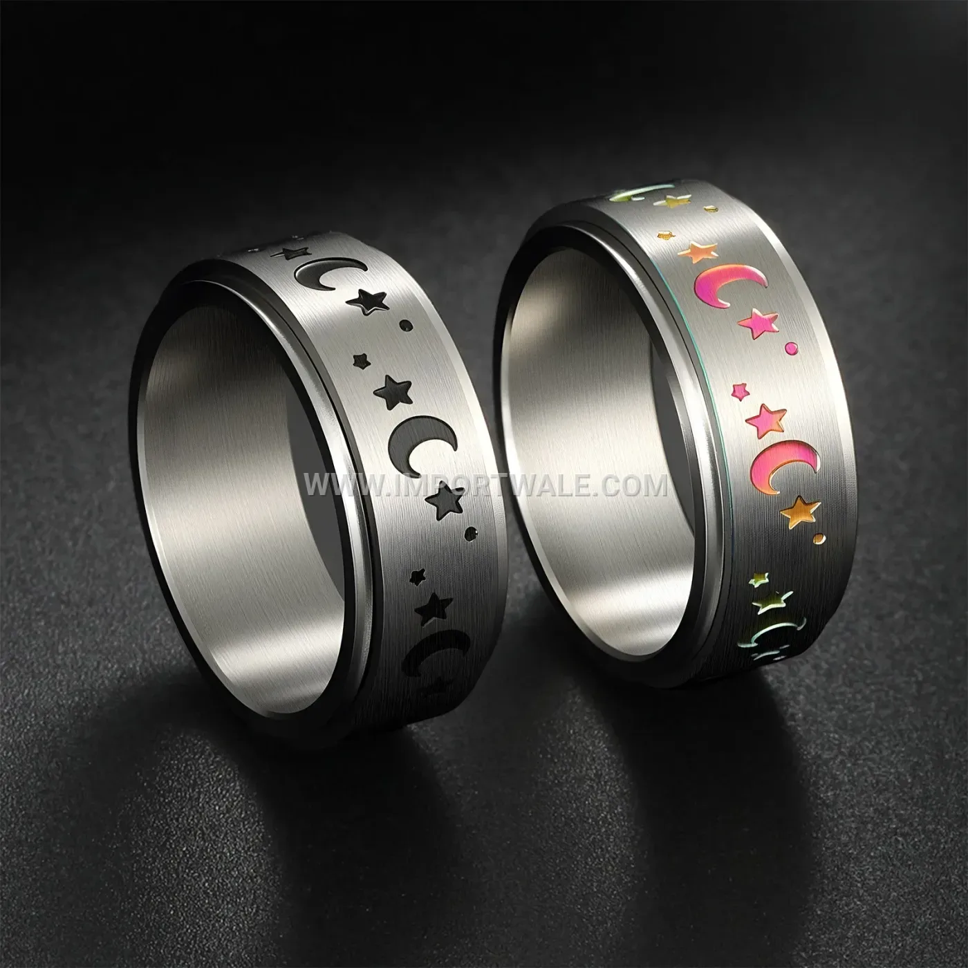 Titanium Steel Star and Moon Spinner Band Ring