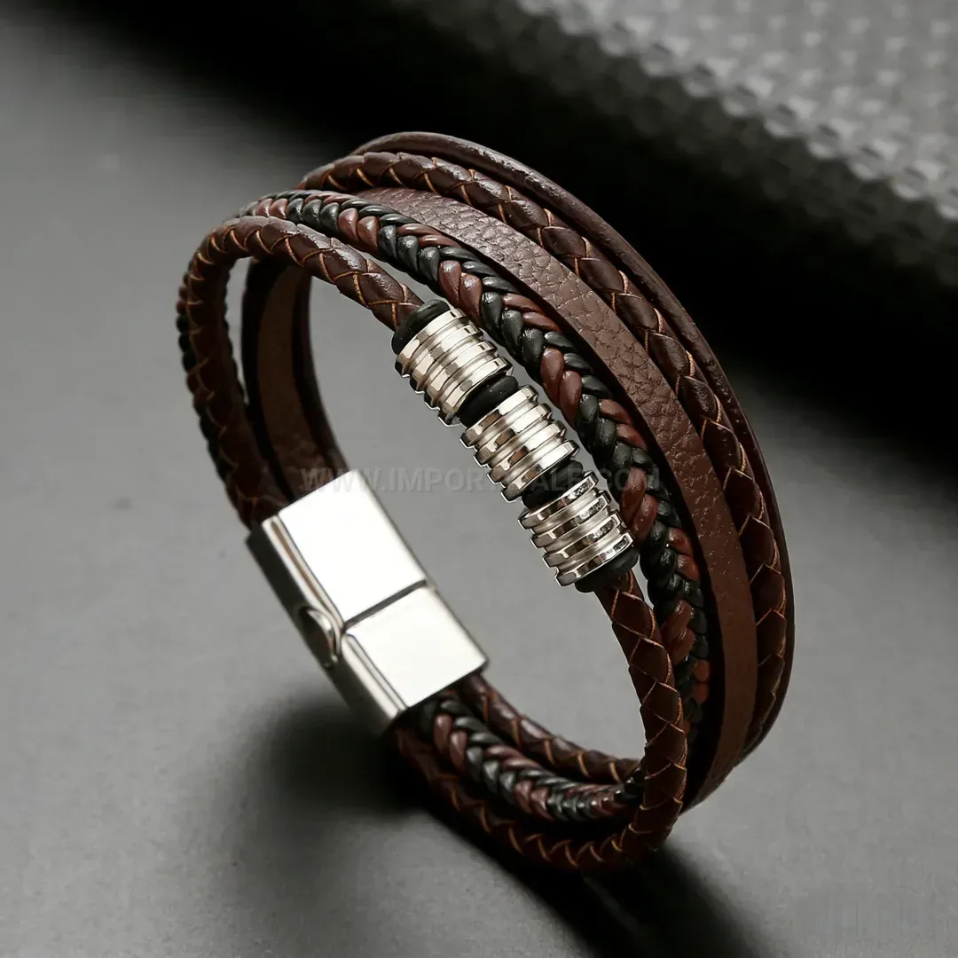Trendy Multi Strand Braided Leather Metal Bead Bracelet with Magnetic Clasp