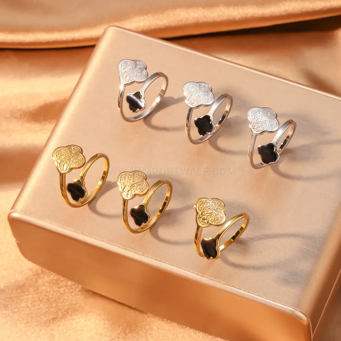 Premium Stainless Steel Filigree Clover Open Bypass Ring with Enamel