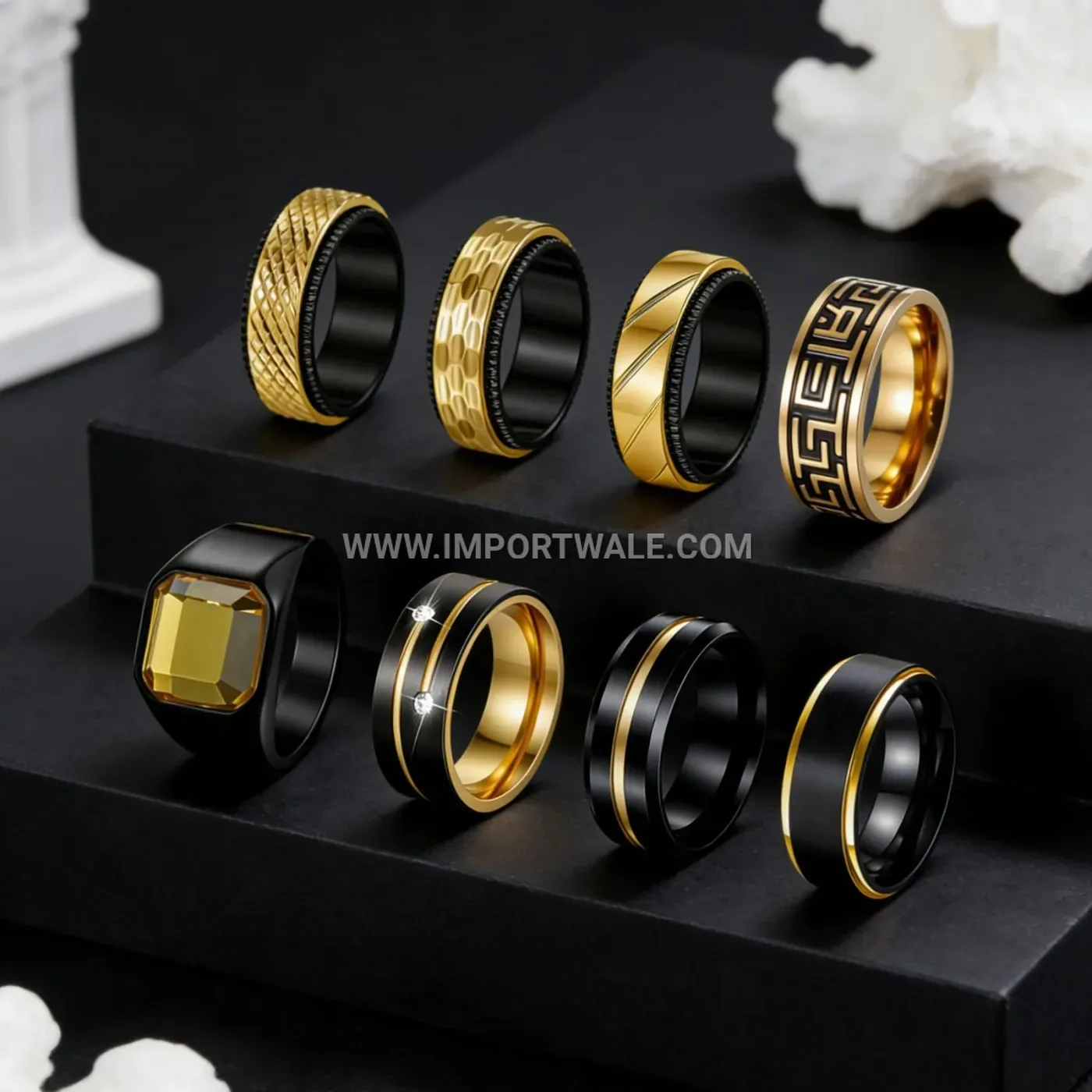 18K Gold Plated Stainless Steel Black Tone Ring Set