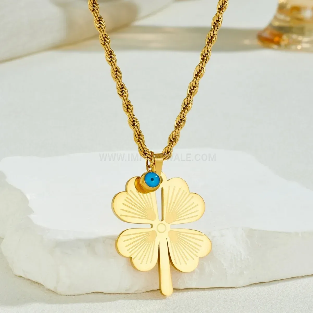 Stylish Gold Stainless Steel Engraved Four-Leaf Clover Long Pendant Necklace