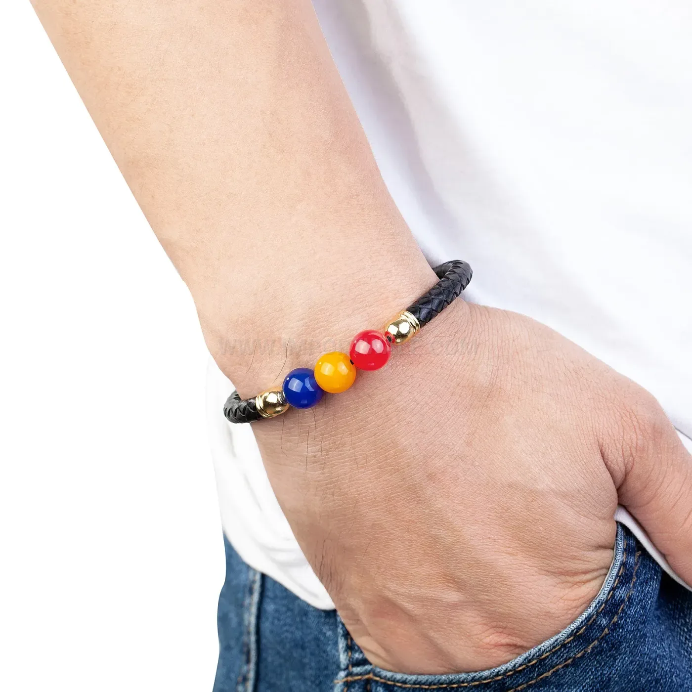 Vintage Braided Leather Stones Bracelet with Stainless Steel Clasp