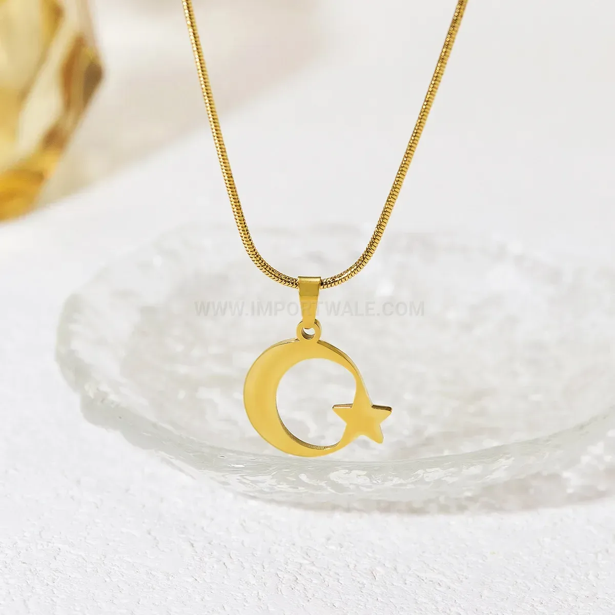 Gold Plated Stainless Steel Cutout Moon and Star Necklace