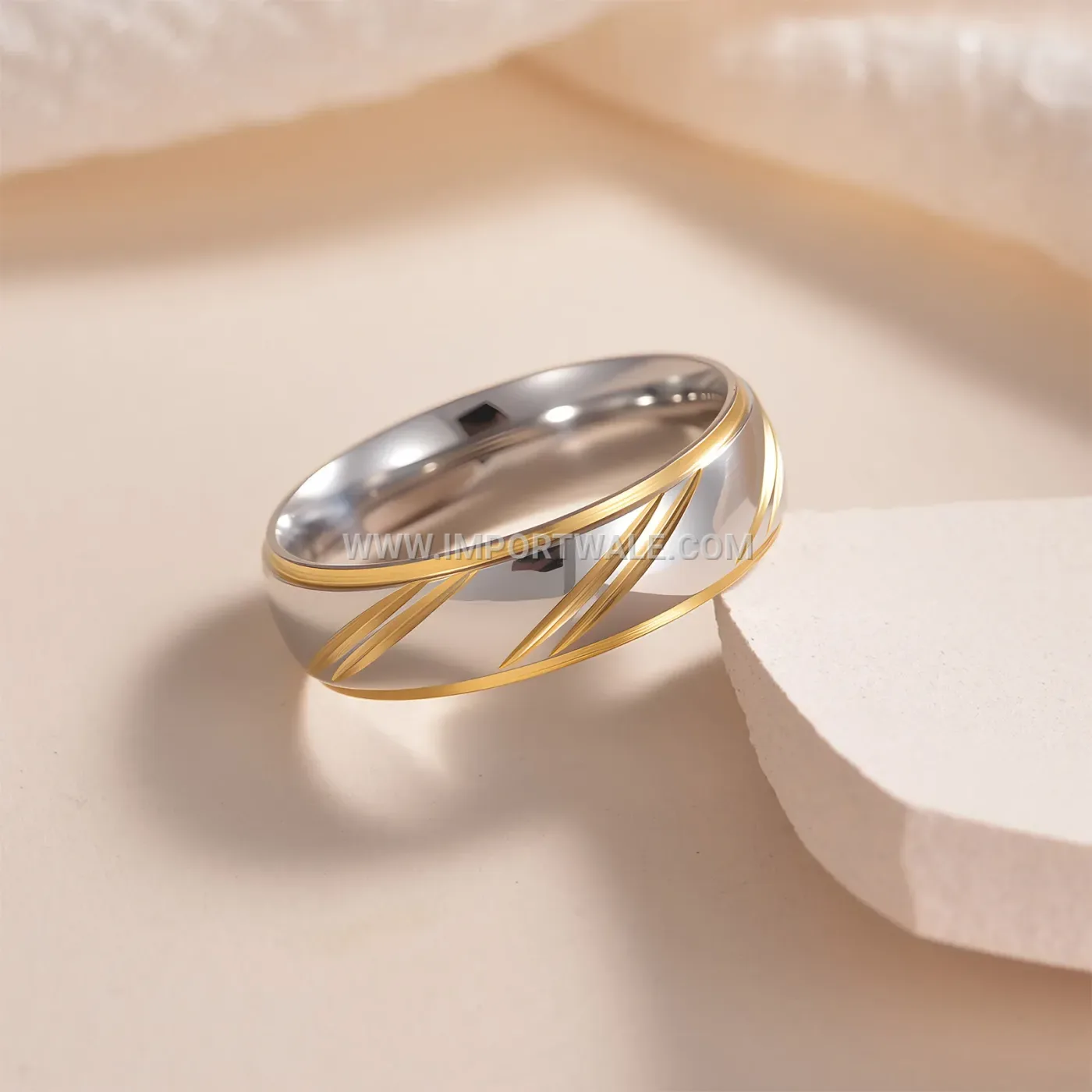 Gold Plated Stainless Steel Diagonal Wave Matching Wedding Band