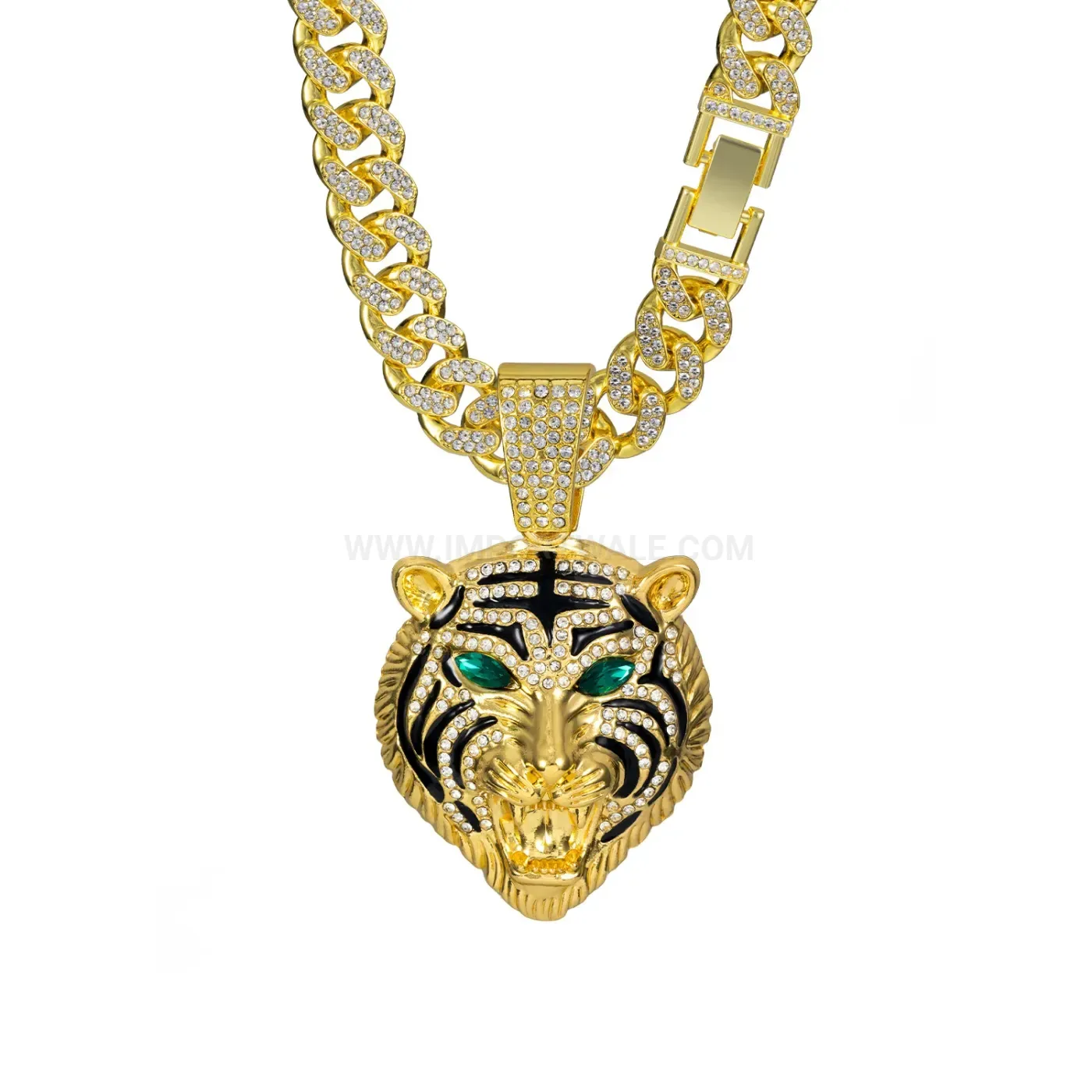 Green Eyes Tiger Head Iced Out Alloy Pendant Necklace