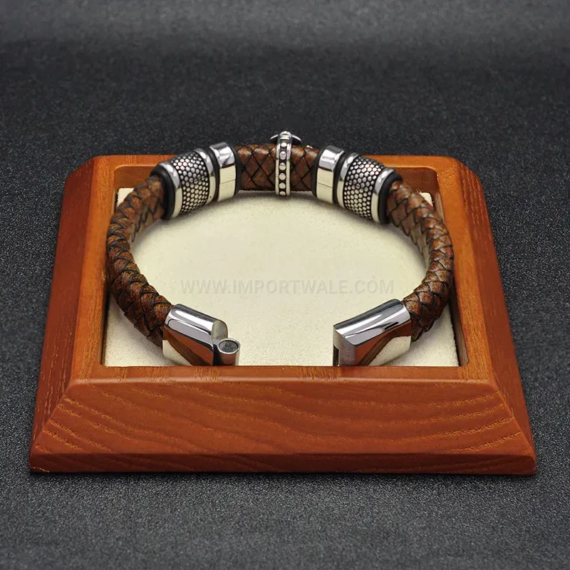 Designer Braided Leather Cross Accent Stainless Steel Men's Bracelet