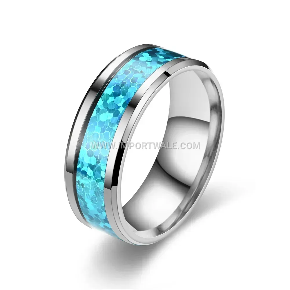 Faux Opal Enamel Inlay Stainless Steel Band Ring