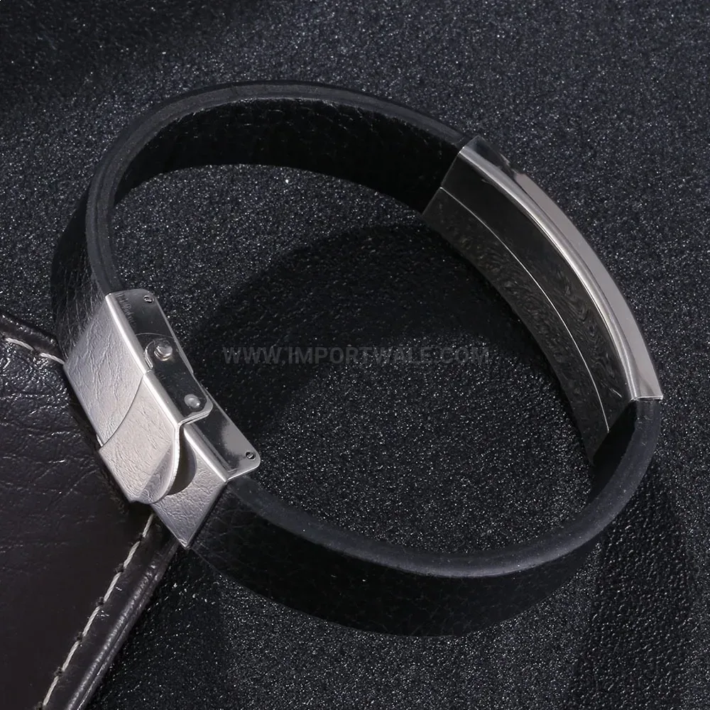 Customizable Black Leather Stainless Steel Geometric Bracelet