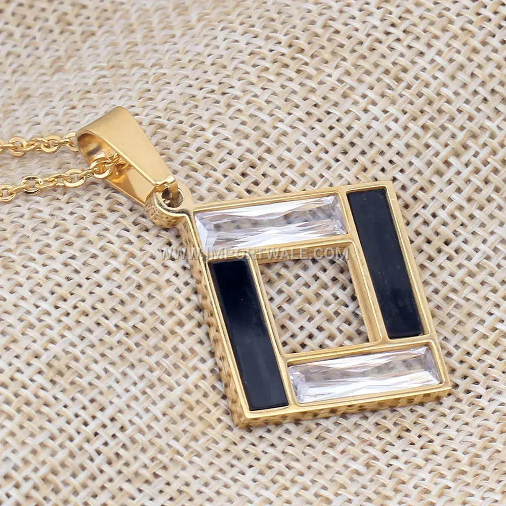 Vintage Square Hollow Drip Oil Zircon Stainless Steel Pendant Necklace