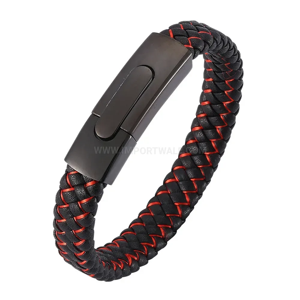 Two-Tone Leather Stainless Steel Fashion Cuff Bracelet