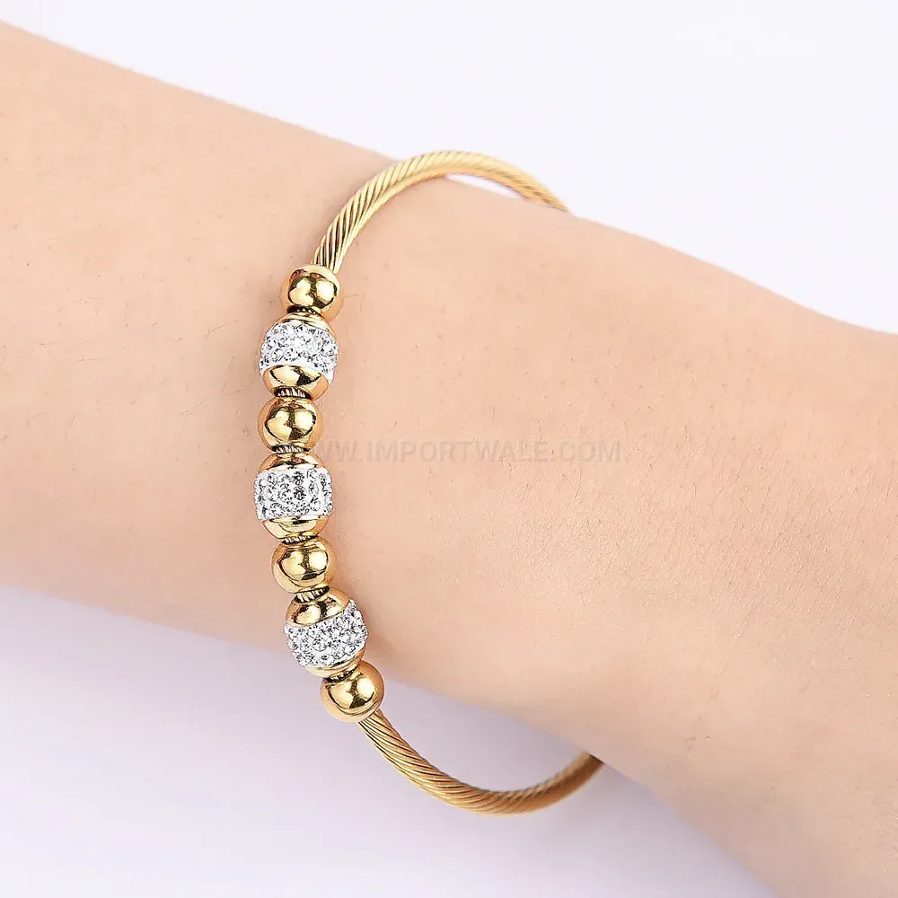 Chic Rhinestone Symmetrical Bead Magnetic Clasp Stainless Steel Bangle