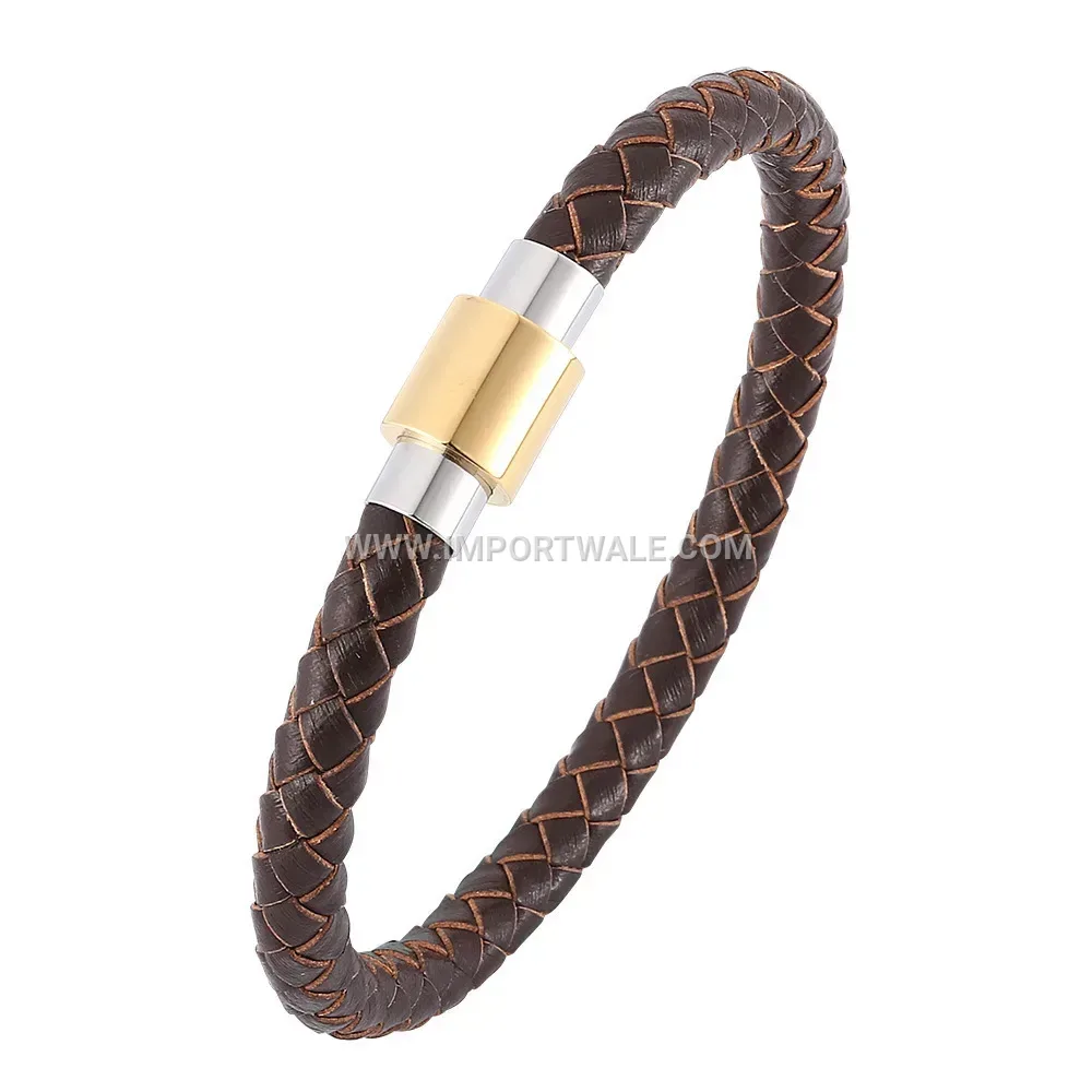 Two-Tone Stainless Steel and Braided Leather Coded Wrap Bracelet
