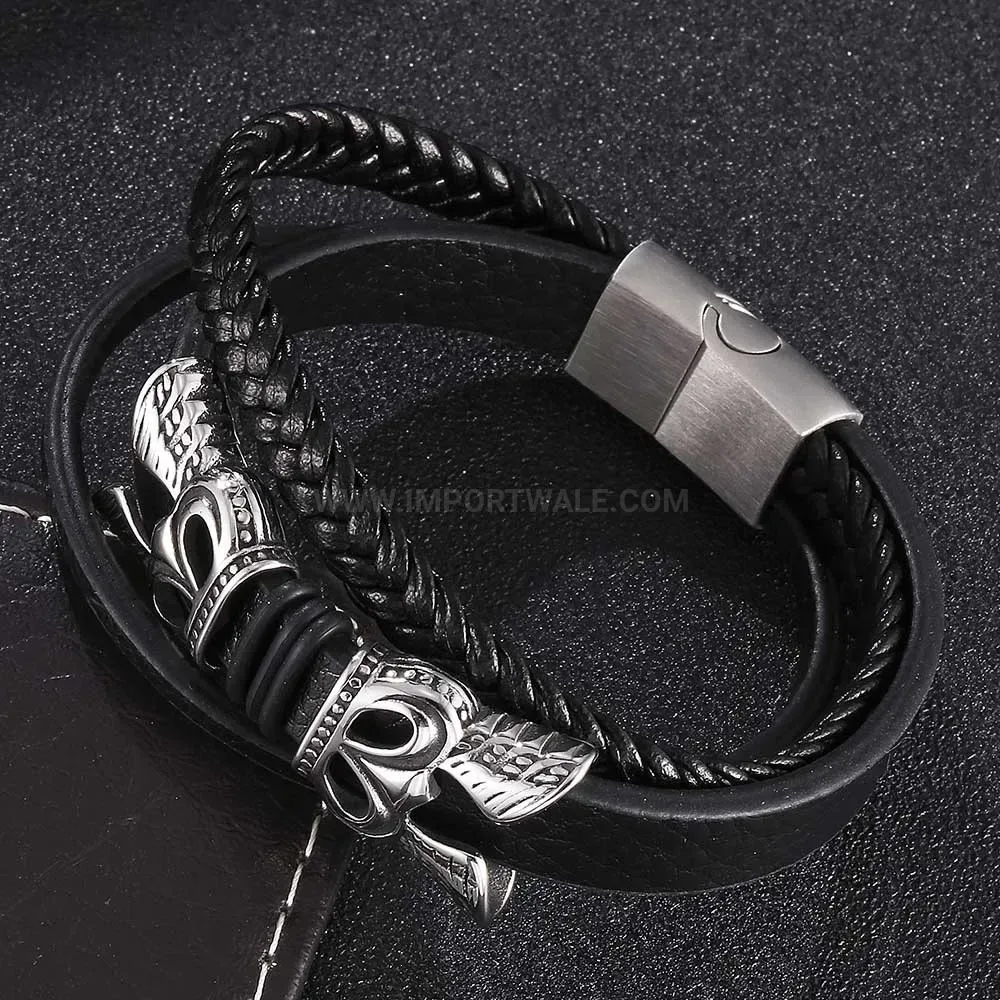 Multi Strand Braided Black Leather Stainless Steel Men's Bracelet