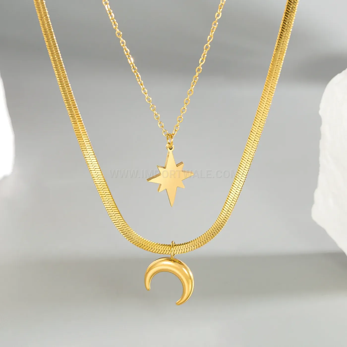 Bold Gold Layered Star and Moon Snake Chain Necklace