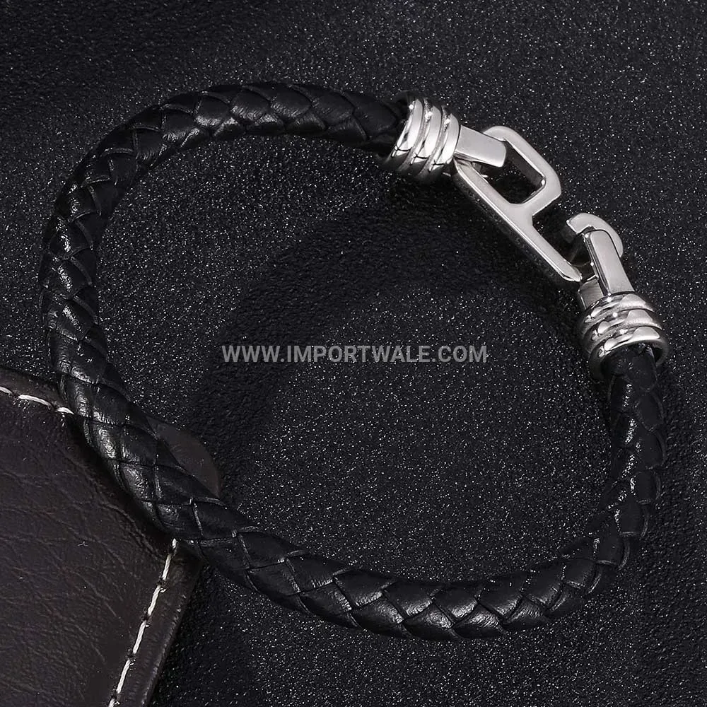 Men's Single Strand Leather Stainless Steel Snap Buckle Bracelet
