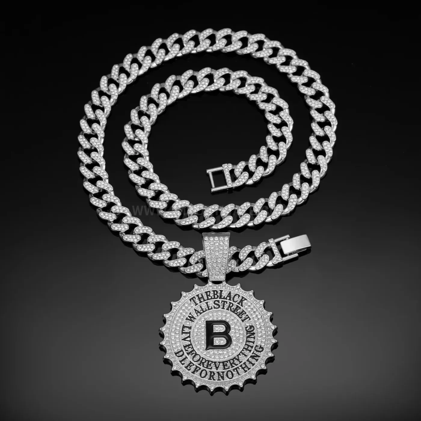 Iced Out Round Letter B Medallion Hip Hop Pendant Necklace