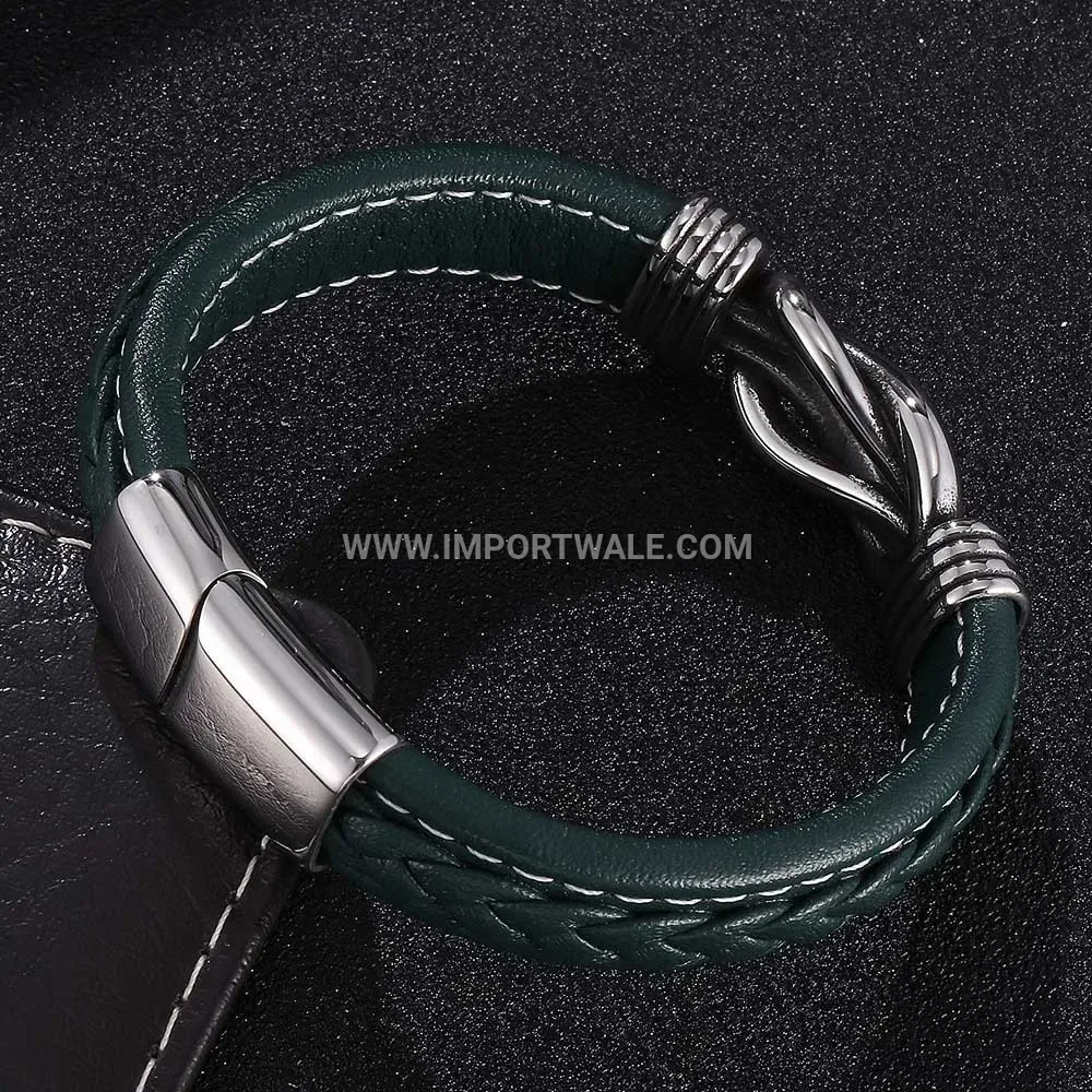 Retro Stainless Steel Interlocking Ring Leather Strap Bracelet