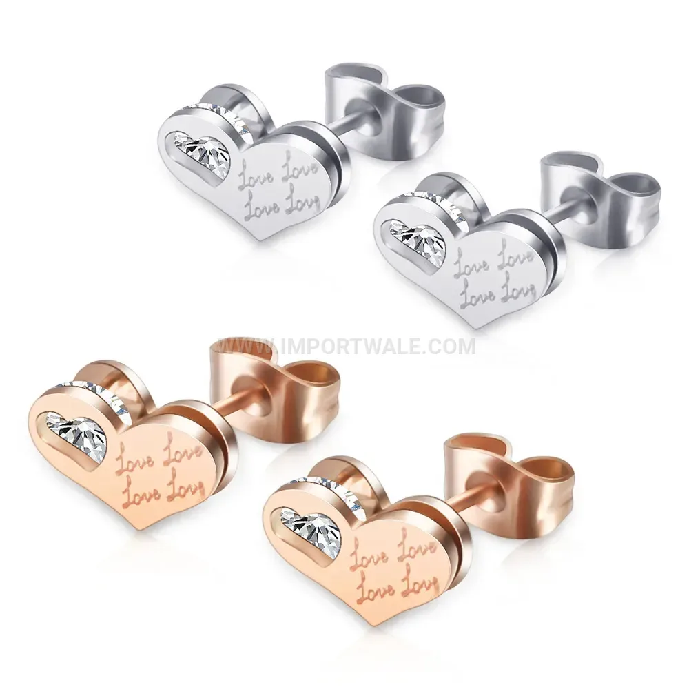 Laser Engraved Love Heart Stainless Steel Crystal Stud Earrings