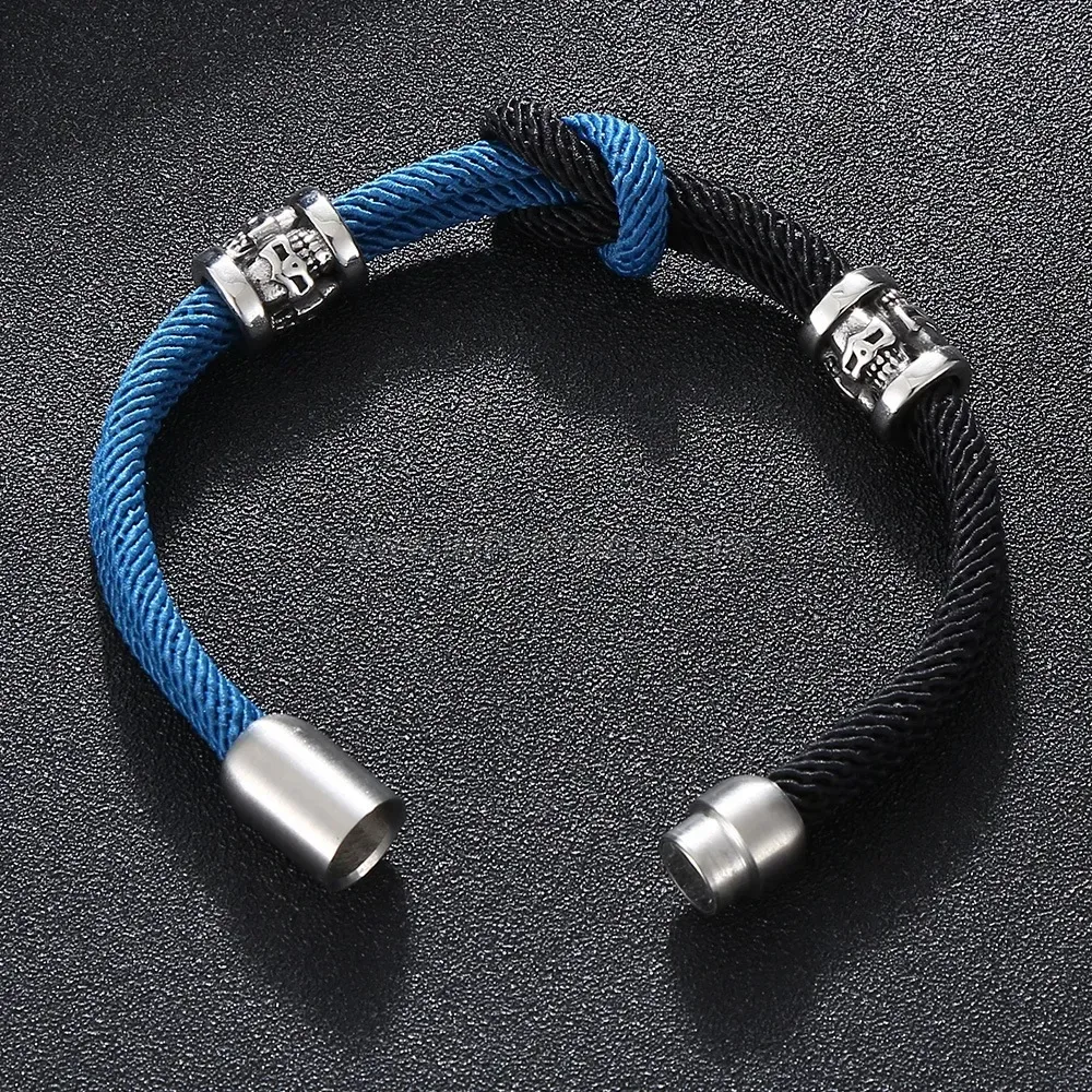 Double-Layer Blue and Black Leather Stainless Steel Bracelet