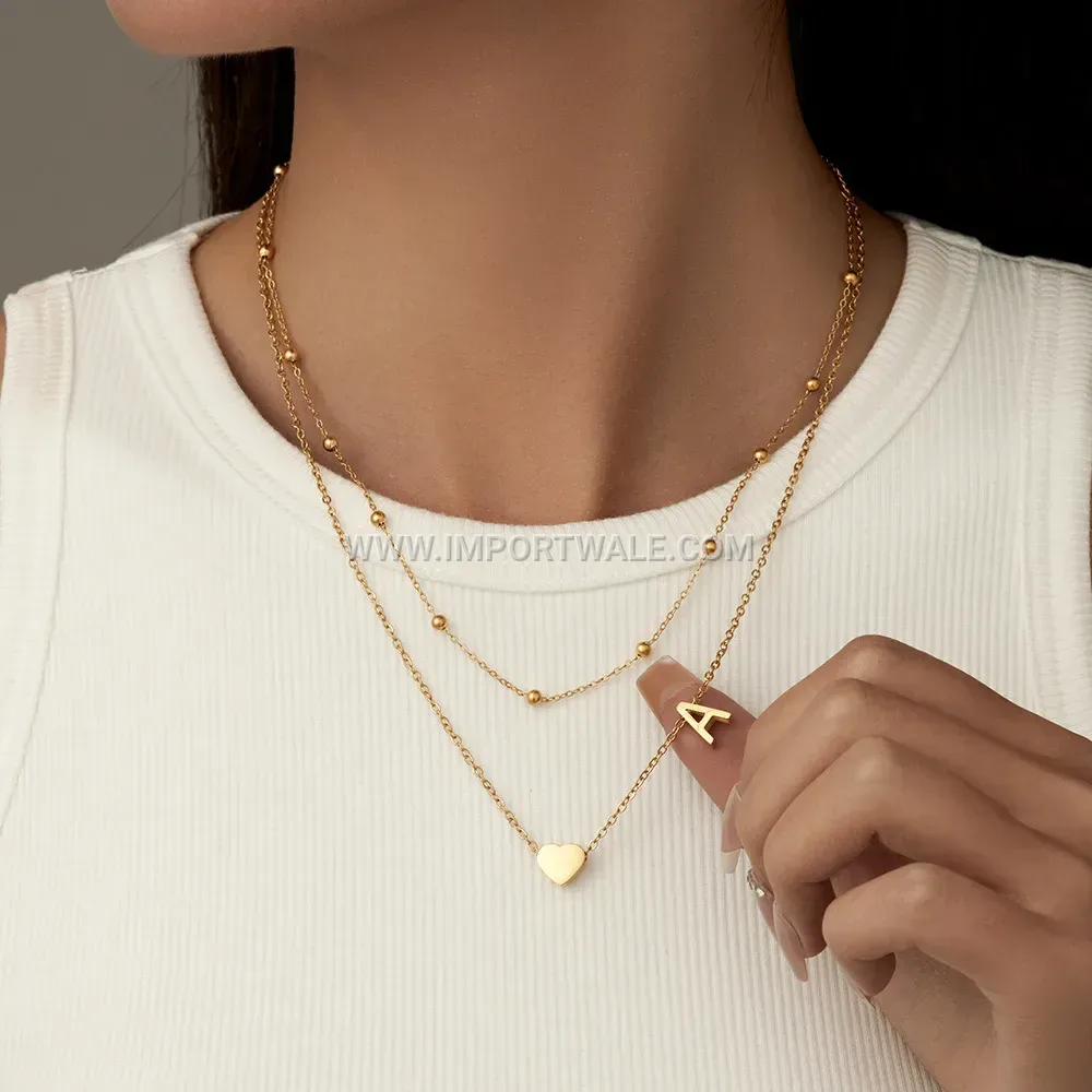 Stainless Steel Initial Pendant Double Strand Necklace