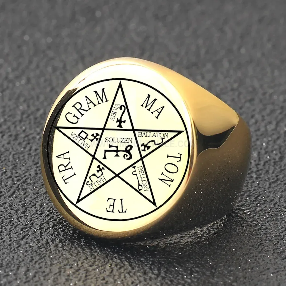 Bold Vintage Engraved Round Occult Stainless Steel Signet Ring