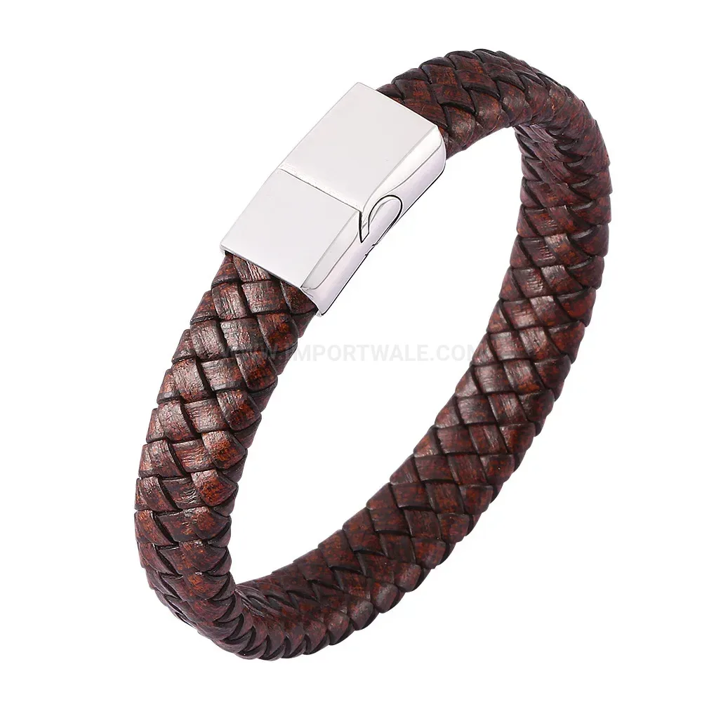 Matte Brown Braided Leather Wristband with Stainless Steel Clasp