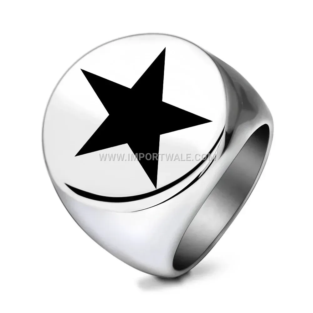Laser Engraved Five-Point Star Stainless Steel Signet Ring