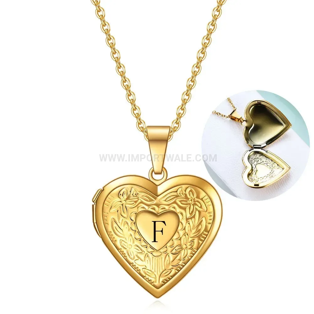 Engraved Initial Letter Heart Locket Stainless Steel Pendant Necklace