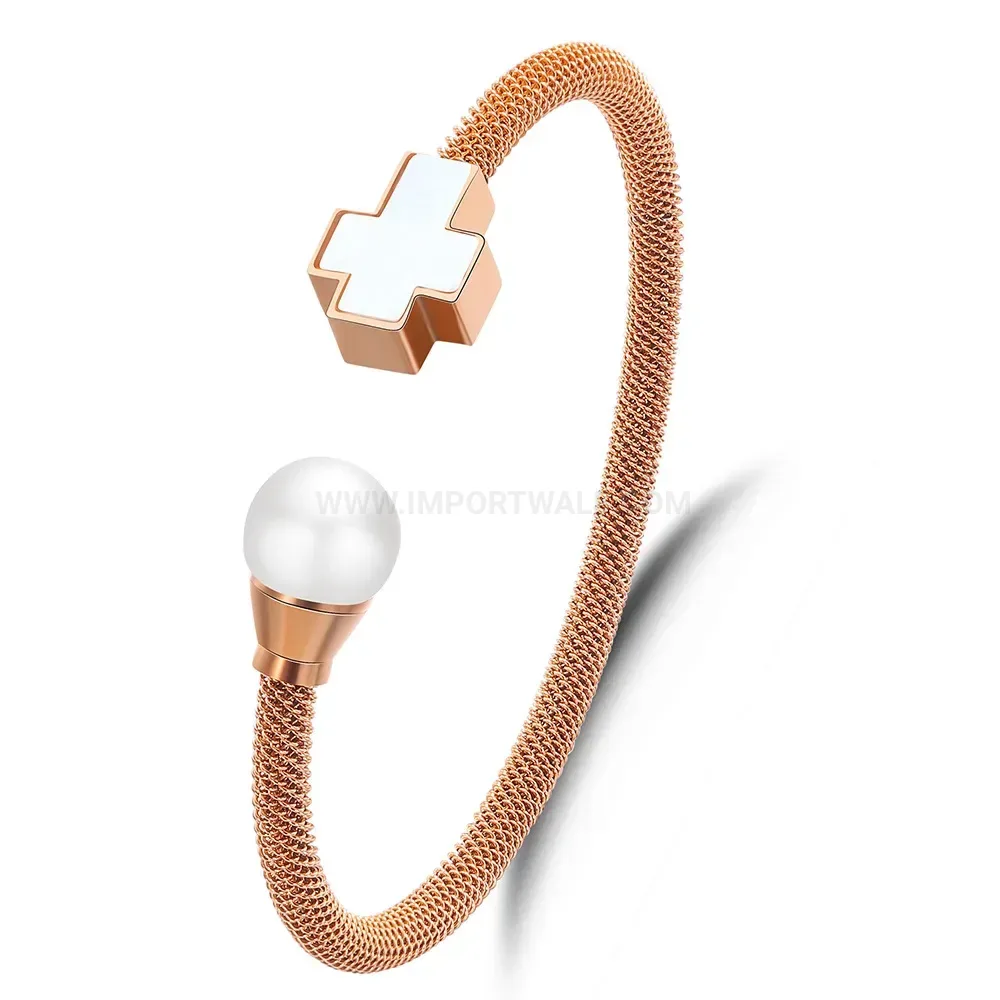 Elegant Stainless Steel Cable Bangle Bracelet with Pearl and Cross Details