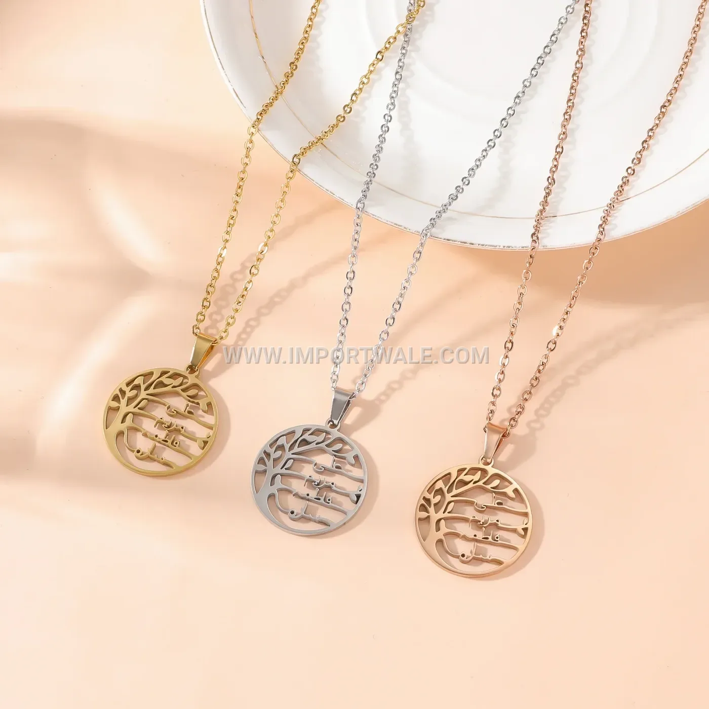 Stainless Steel Arabic Tree Motif Pendant Chain Necklace