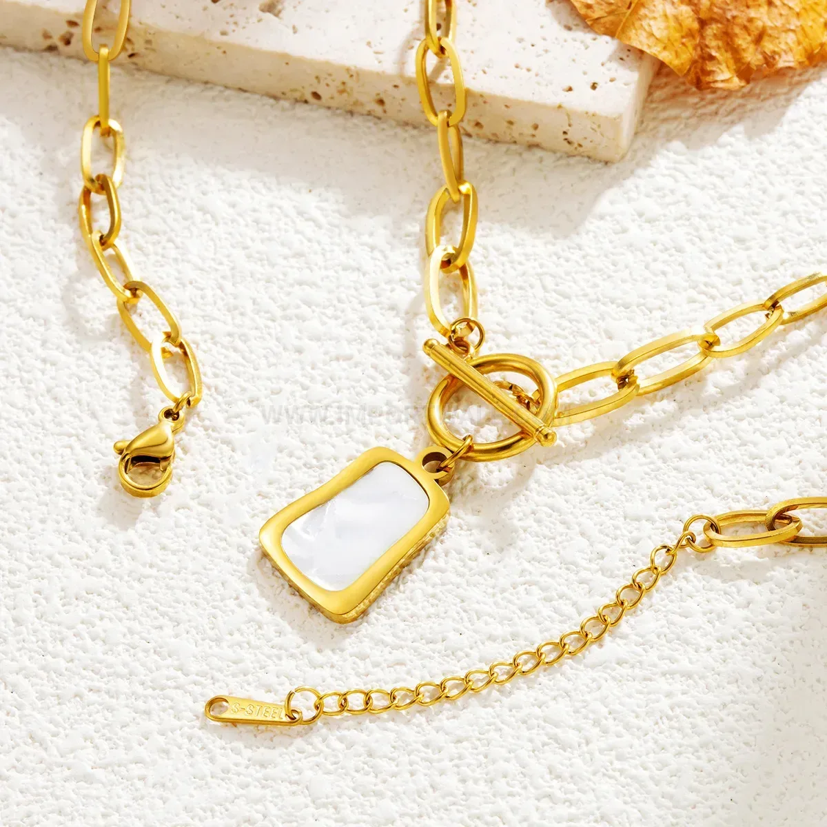 Modern White Shell Square Tag Zircon Pendant Titanium Steel Necklace