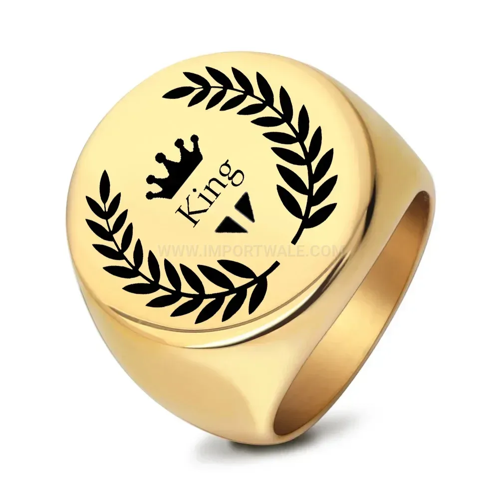 Trendy Laser Engraved Leaves Crown Stainless Steel Signet Ring