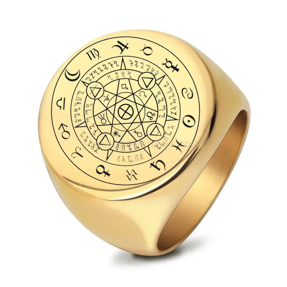 Elegant Engraved Zodiac Round Face Stainless Steel Band Ring