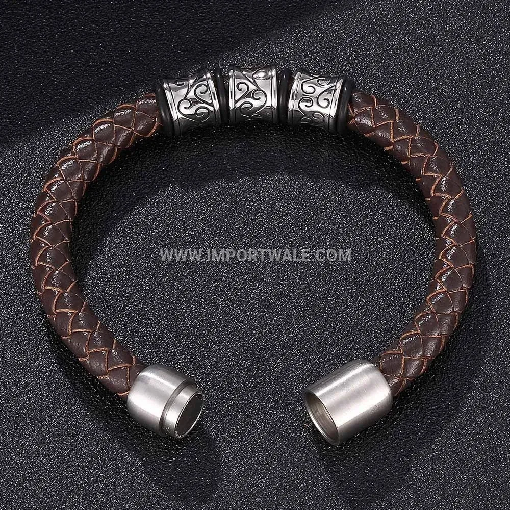 Minimalist Brown Leather Stainless Steel Magnetic Clasp Men Bracelet