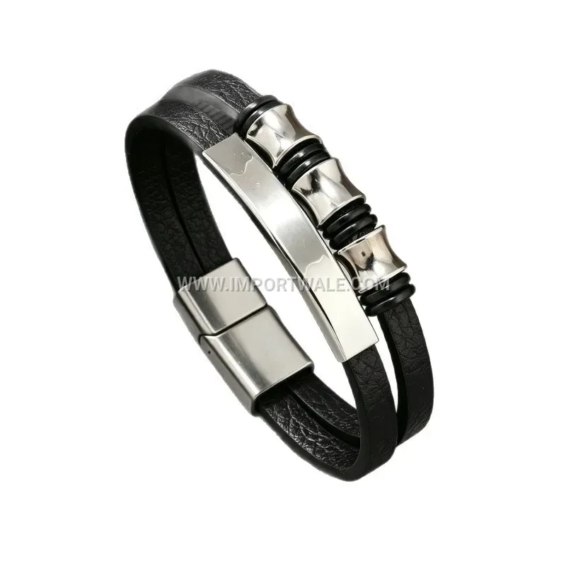 Double Layer Leather Bracelet with Steel Ring Accent