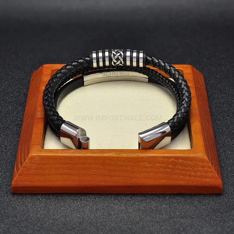 Bold Twisted Stainless Steel Bead Dual Color Leather Men Wristband