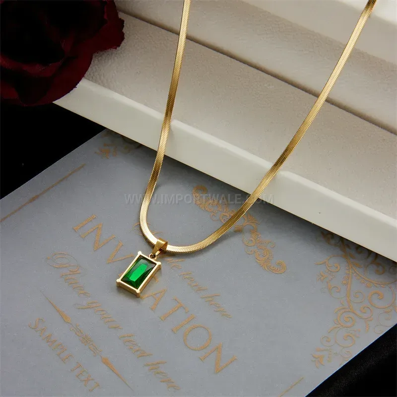 Premium Titanium Steel Emerald Zircon Pendant Snake Chain Necklace