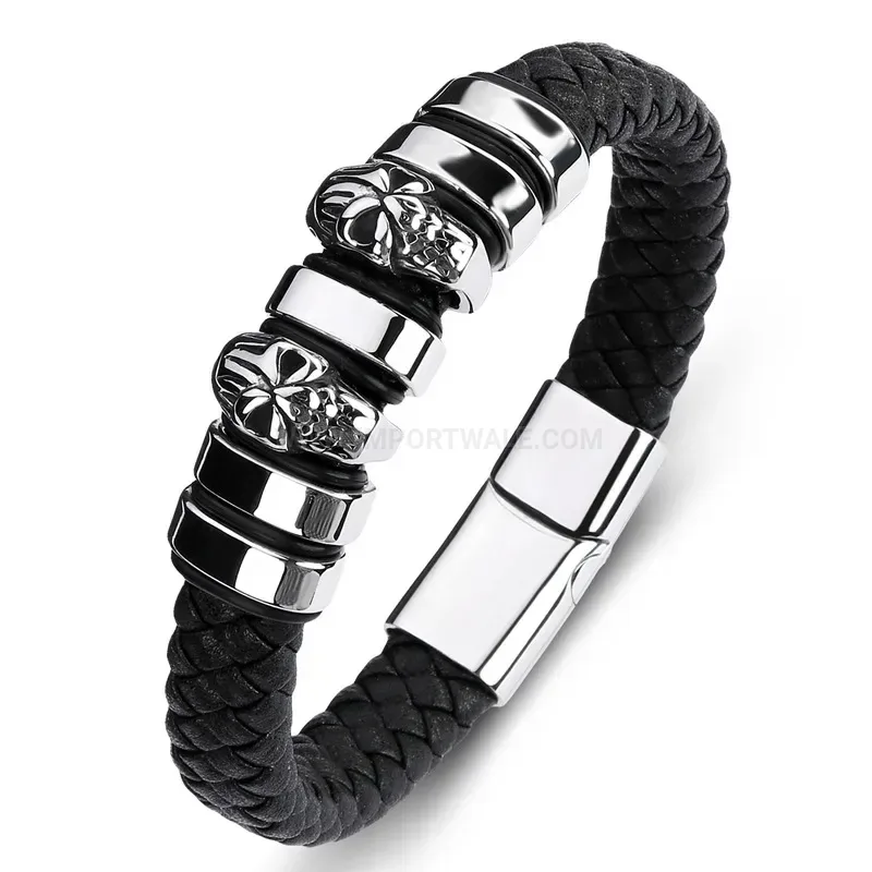 Stylish Braided Leather Skull Accent Bracelet with Stainless Steel Hardware